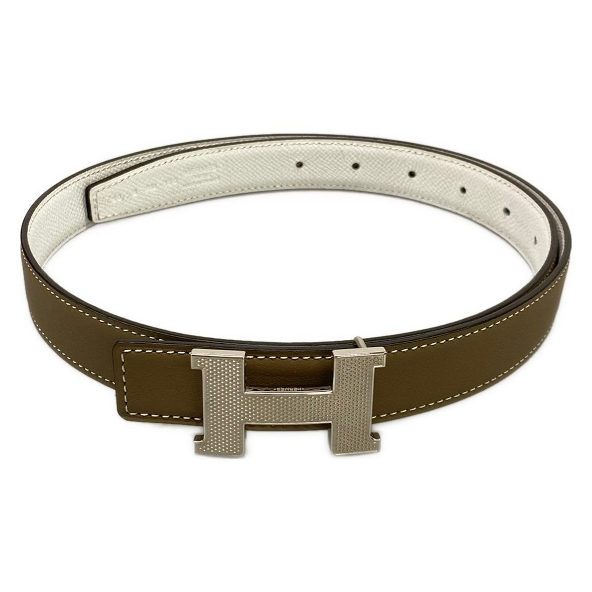 HERMES(エルメス) ベルト 80 Hベルト/コンスタンス エトゥープ×白 ギロッシュ金具/シルバー金具