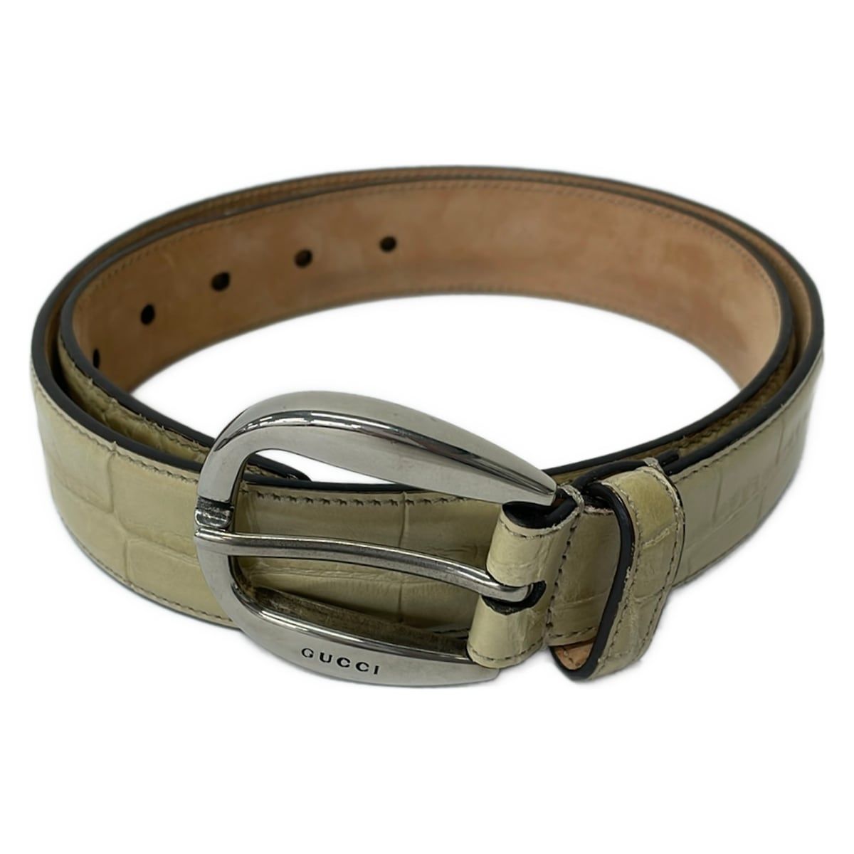 GUCCI(グッチ) ベルト 85・34 - 259788 アイボリー×シルバー 型押し加工 レザー