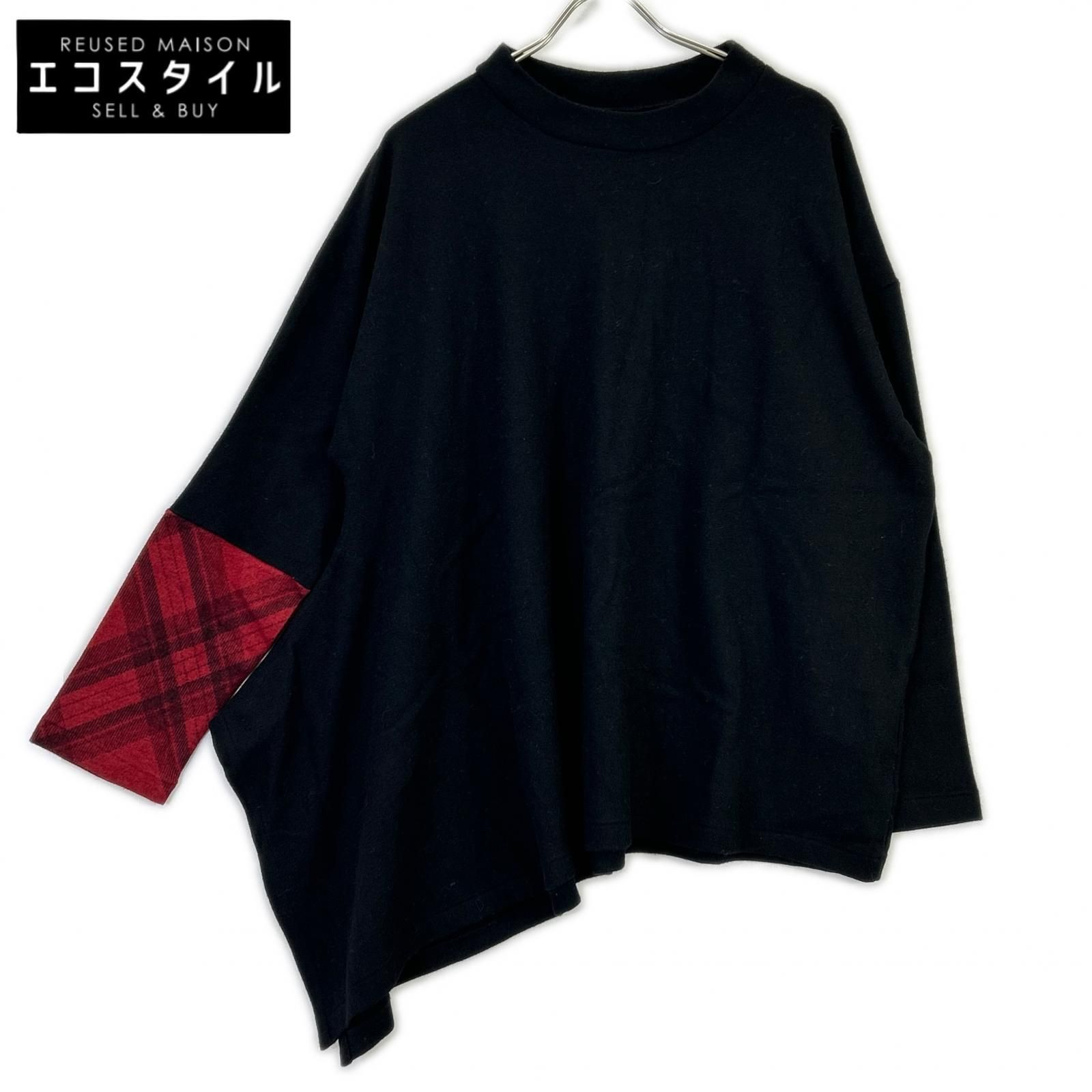 Yohji Yamamoto　ヨウジヤマモト　FX-T45-173 ブラック ウール チェック切替 変形ニットプルオーバー　2