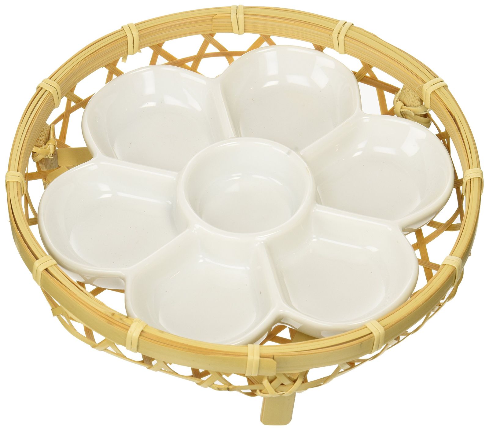 新品 ヤマコー 白竹足付ミニオードブル皿 篭・陶器セット 24930