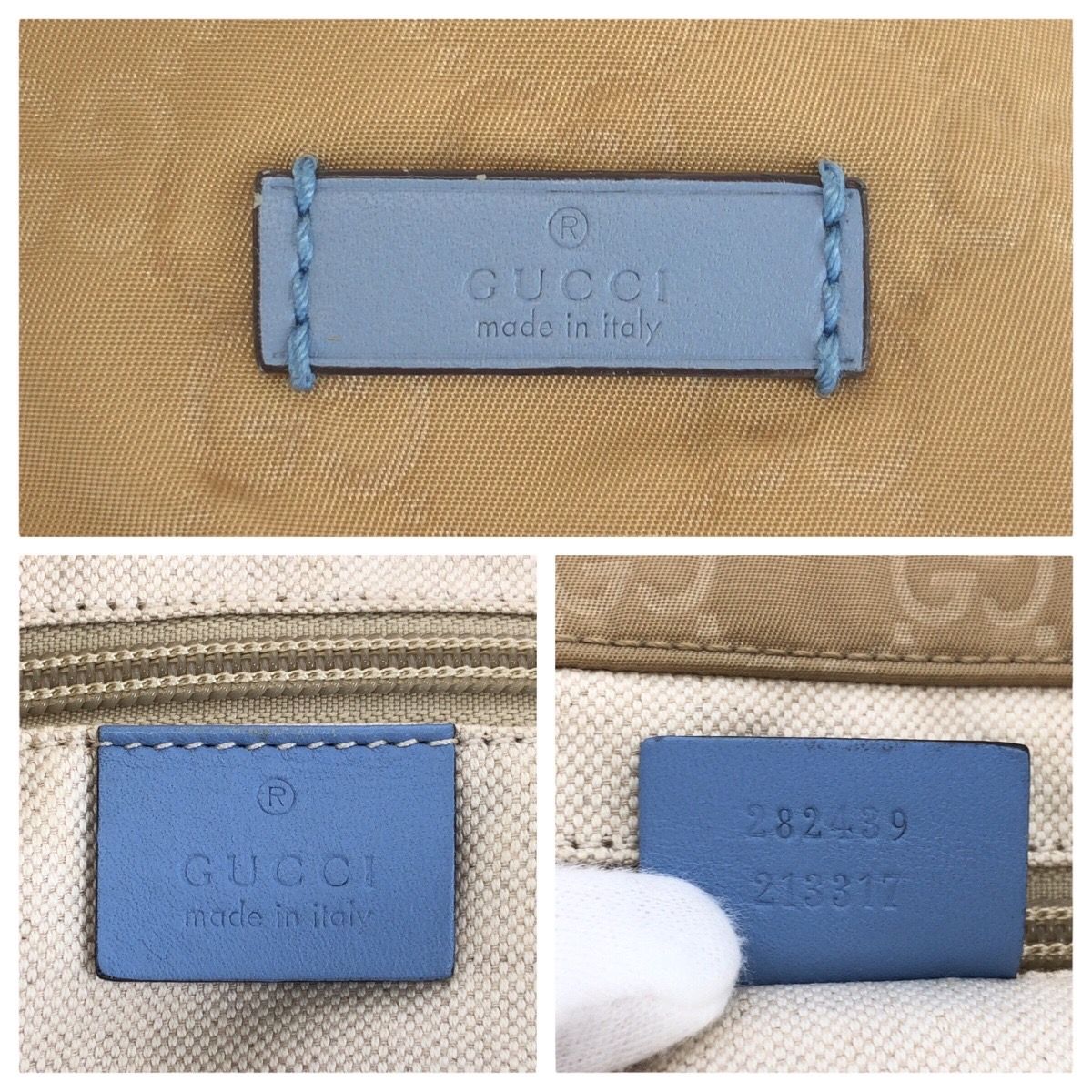 美品 GUCCI グッチ ベージュ ブラウン 水色 ナイロン/レザー 282439 