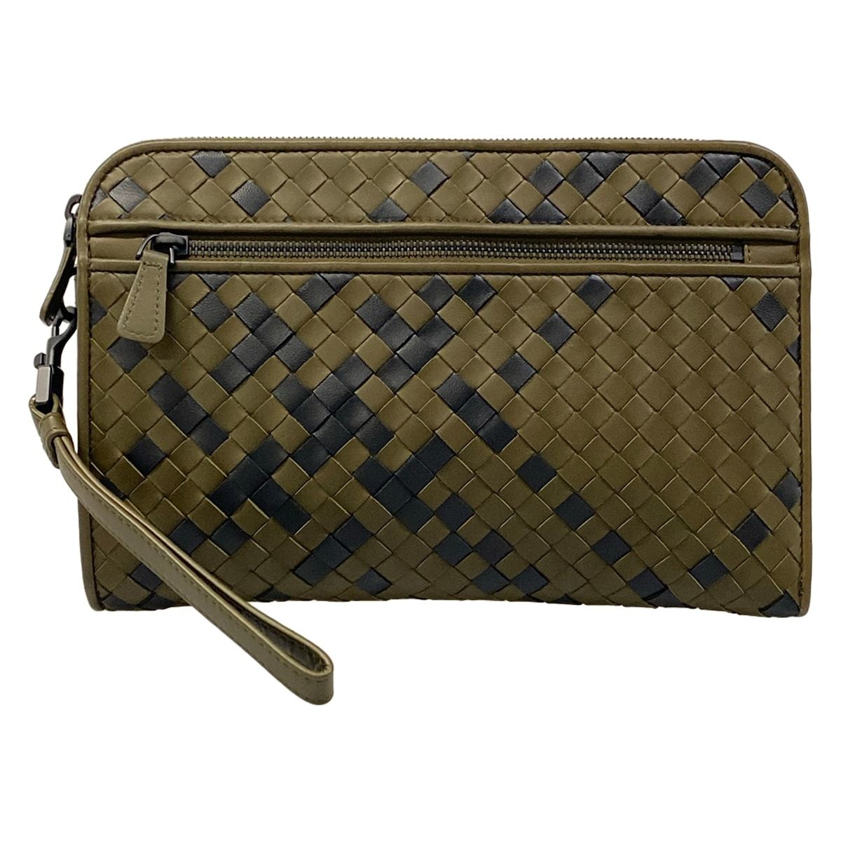 BOTTEGA VENETA(ボッテガヴェネタ) クラッチバッグ イントレチャート カーキ×黒 L字ファスナー レザー