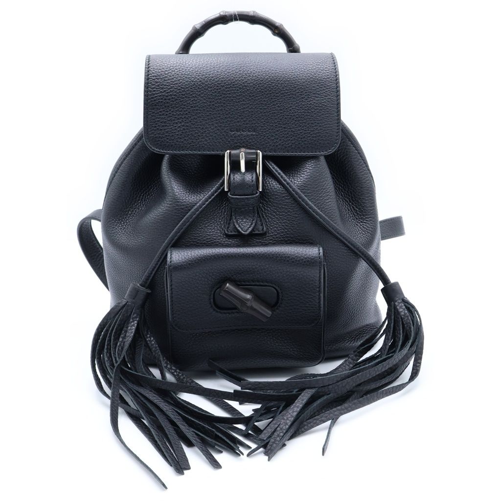 GUCCI (グッチ) バンブー レザー スモール バックパック ブラック タッセル カーフスキン リュックサック デイパック フリンジ ブラック レザー 387149 シルバー金具