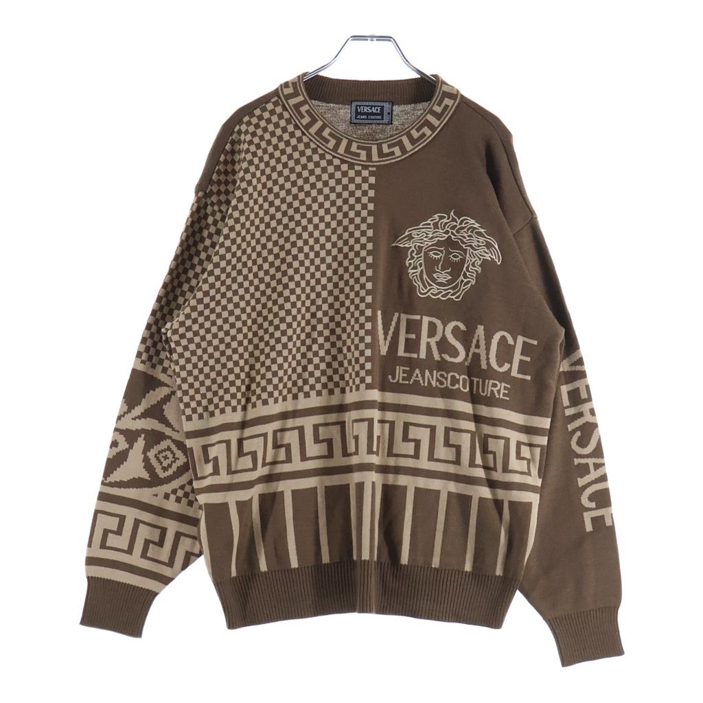 VERSACE JEANS COUTURE (ヴェルサーチジーンズクチュール) メデューサロゴエンブロイダリー グレカネック プルオーバーニットセーター ブラウン