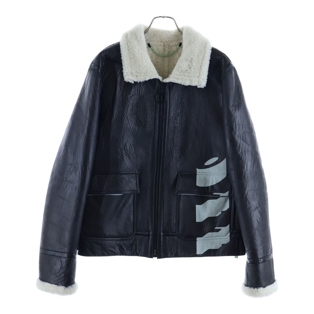 OFF-WHITE (オフホワイト) B-3ジップアップ フロントプリント ムートンジャケット ブラック/ホワイト OMJA011E18A33002