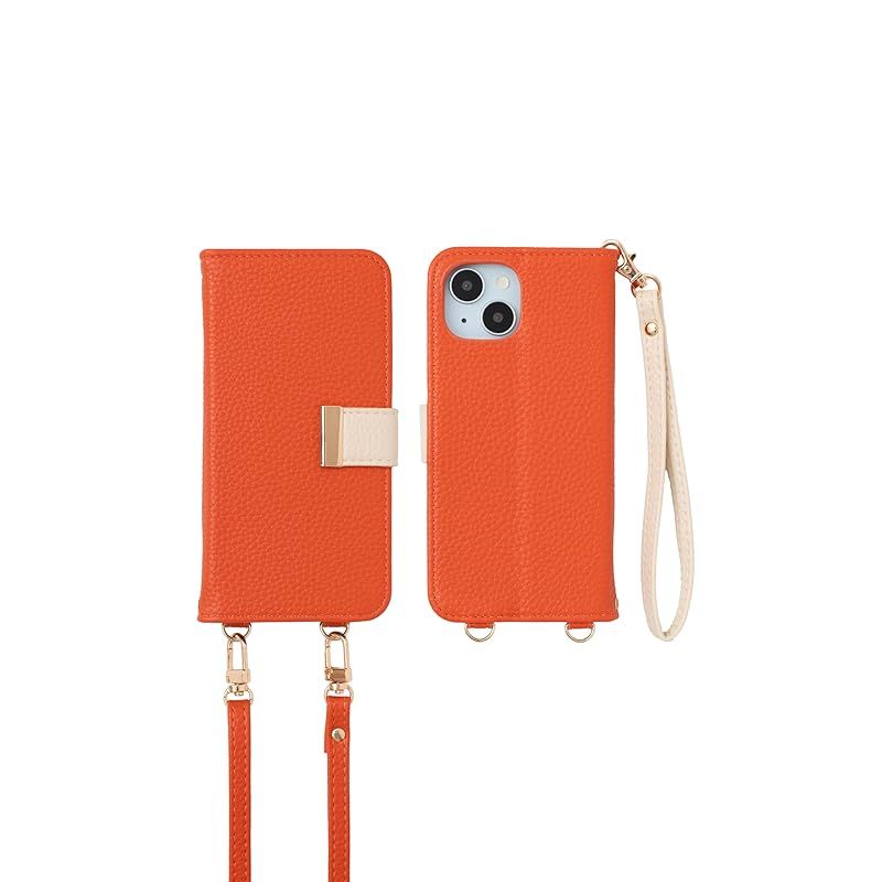 【新品】 MINTY iPhone15 用 ケース 手帳型 ショルダー ストラップ バイカラー オレンジ×エクリュ