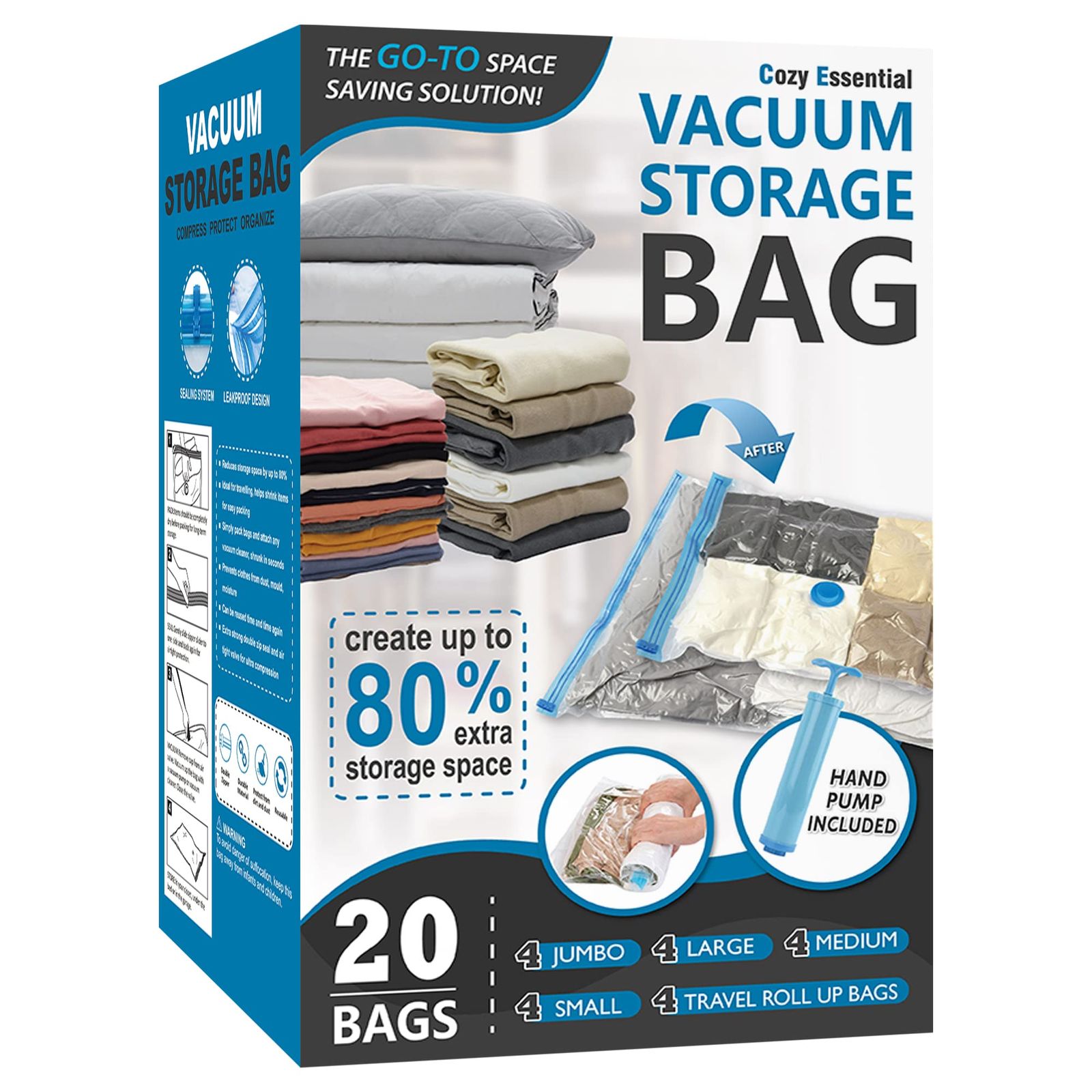 新品 20 Pack Vacuum Storage Bags Space Saver Bags (4 Jumbo/4 Large/4 Medium/4 Small/4 Roll) Compression for Comforters and Blankets
