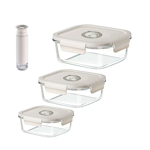 真空保存容器&耐熱ガラス 525ML+800ML+1230ML+手動ポンプセット - 非