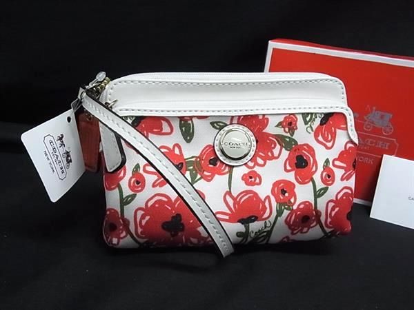 ■極美品■ COACH コーチ ナイロンキャンバス フラワー 花 リストレット ポーチ マルチケース 小物入れ ホワイト系×レッド系 DN2753
