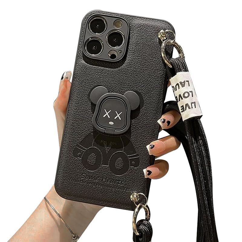 【新品】 Arpe 可愛い ベアブリック カウズ スマホケース iPhone XS Max 用 ケース 首かけストラップキックスタンド 保護カバー スタンド機能 アイフォン XS Max ケース カラー（黒）