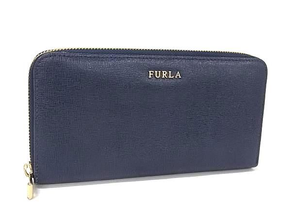 ■美品■ FURLA フルラ レザー ラウンドファスナー 長財布 ウォレット 小銭入れ 札入れ カード入れ レディース ネイビー系 DN3700