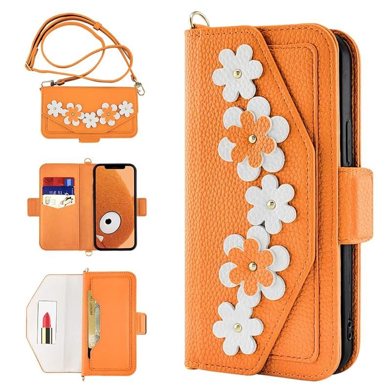 【新品】 Carambola スマホケース ショルダー iphone15pro用ケース 手帳型 カード収納 ミラー付き 花柄 アイフォン15プロ 対応 携帯ケース 斜め掛け スタンド機能可能 iphone機種対応 (iPhone 15Pro, オレンジ)