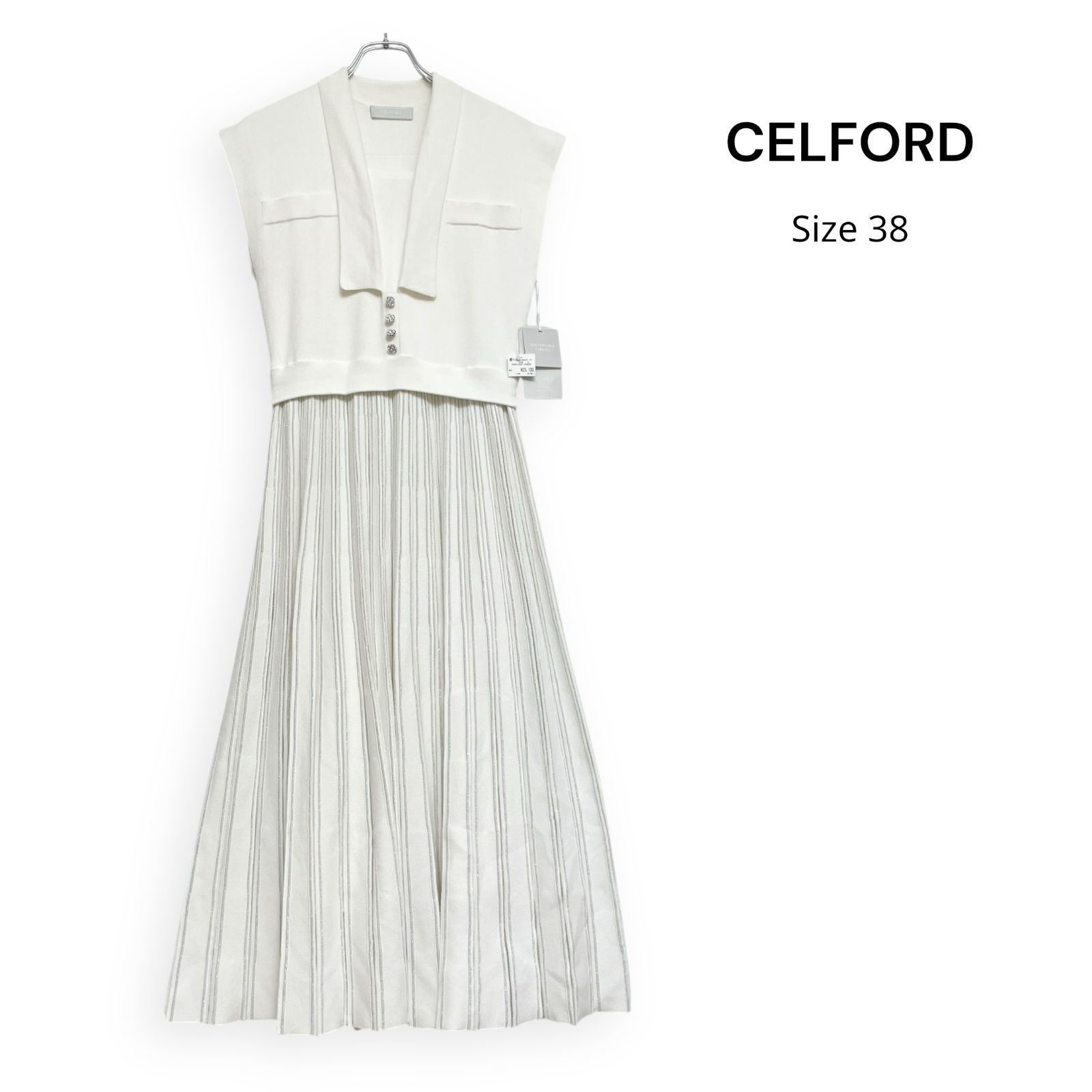 新品 CELFORD セルフォード 襟付き プリーツ ニット ワンピース ホワイト Size38