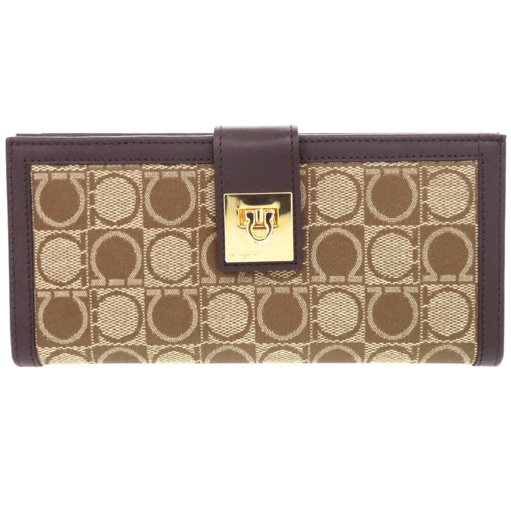美品 サルヴァトーレフェラガモ ガンチーニ IY211410 ジャガード ブラウン 長財布 0495 Salvatore Ferragamo