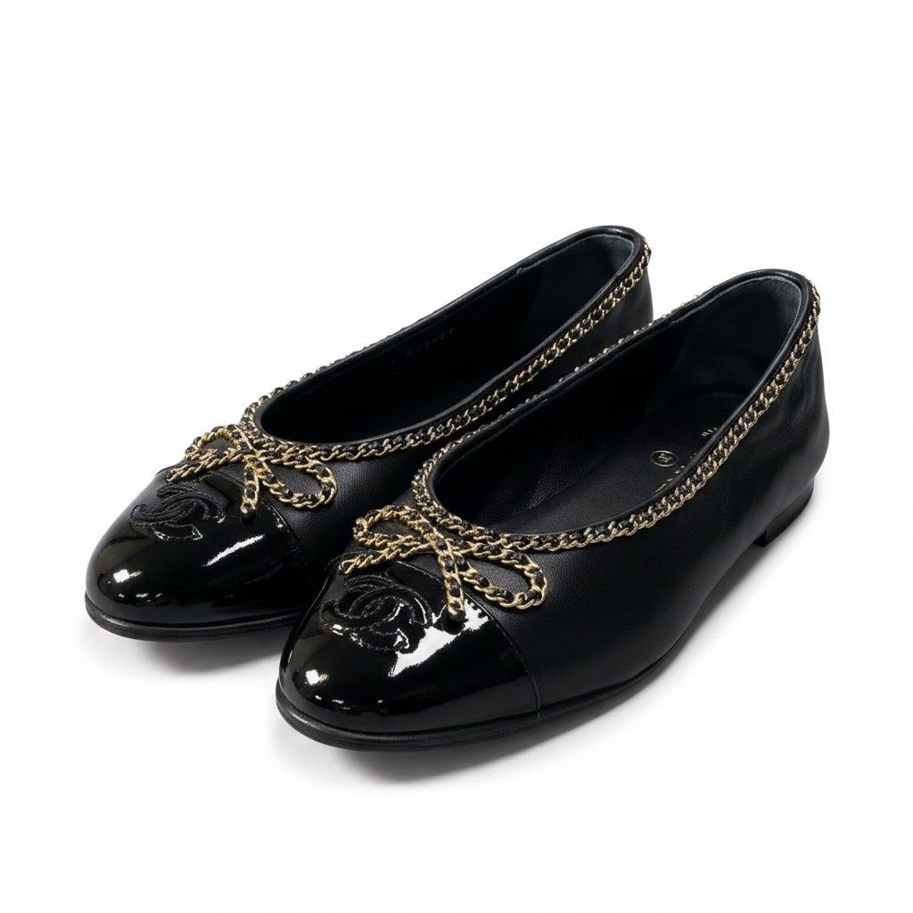 《極美品》 CHANEL シャネル 25B リボンチェーン バレリーナシューズ Ballerina Pumps Gold Chain G46663 36 1/2 ブラック ラムレザーt18r