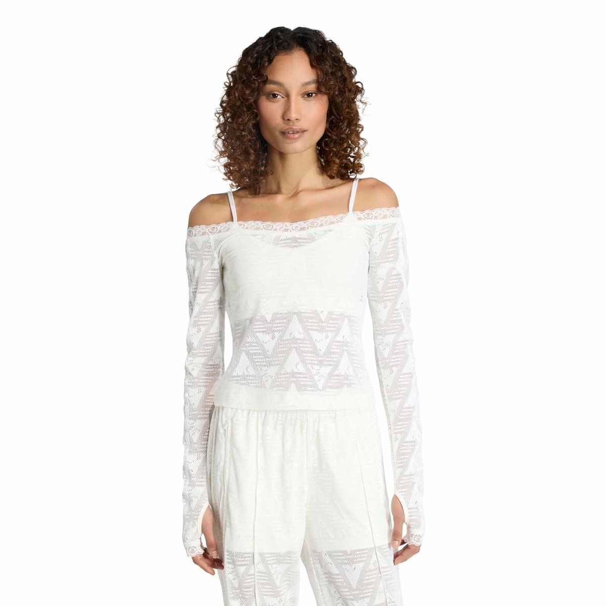 (アディダスオリジナルス) adidas Originals レース バルドー トップ ロングスリーブＴシャツ 長袖 フリル ショート オフショルダー クロップド丈 レディース VK026 KE3458 WOMEN'S RACE BARDOT TOP WHT