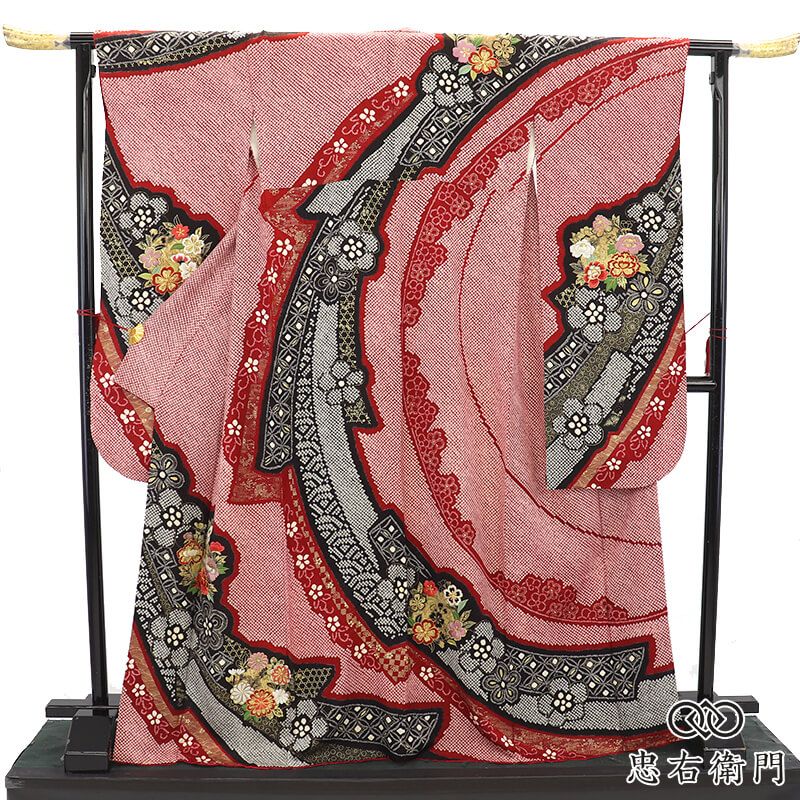 振袖 成人式 前撮り 正絹 単品 正絹 赤 絞り 刺繍 伝統文様 熨斗柄 身丈171.5cm 裄丈66.5cm Mサイズ相当 晴れ着 結婚式 レディース 女性用 即日発送 送料無料 即日発送