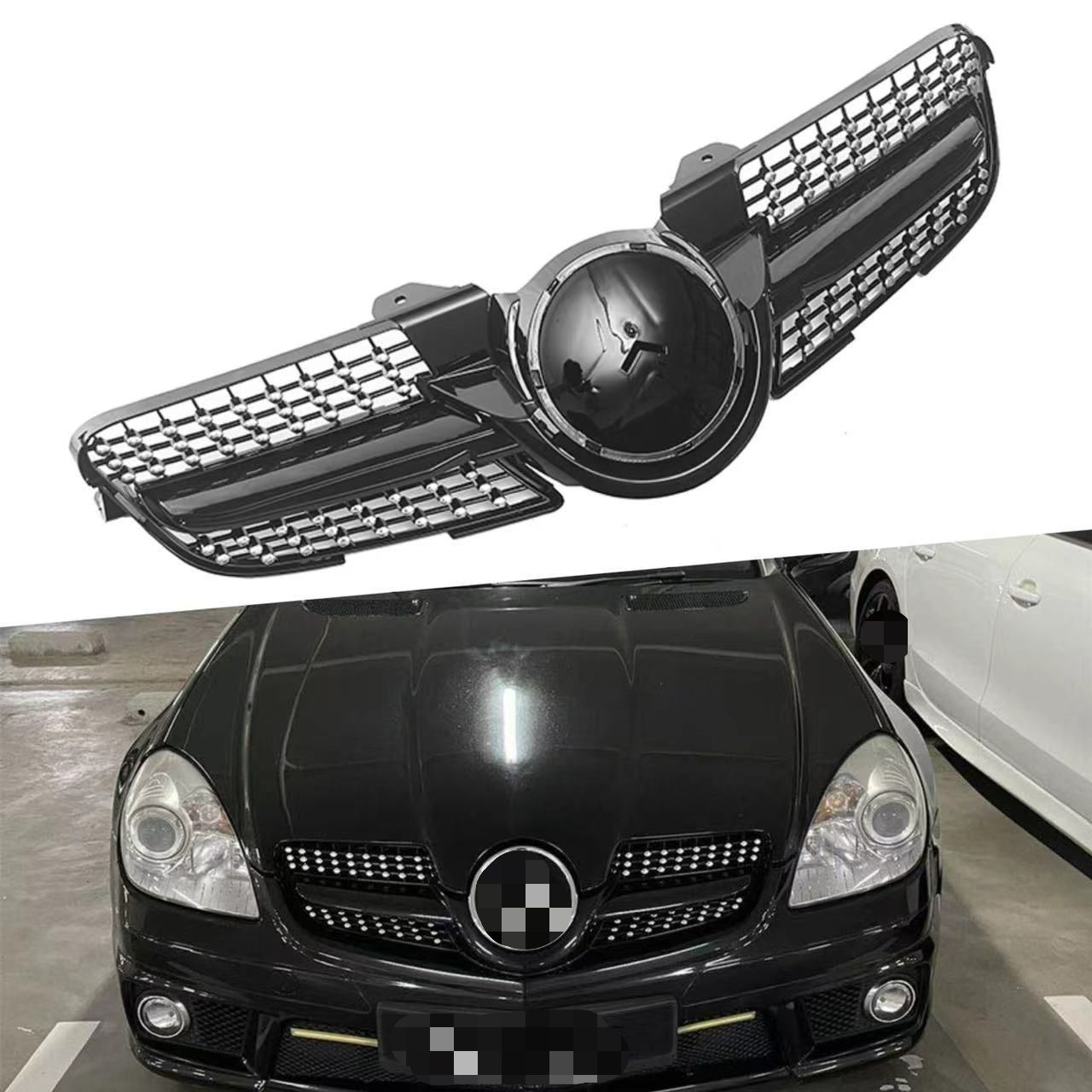 【送料無料】メルセデス・ベンツ Mercedes-Benz SLKクラス SLK-Class R171 2008-2010用 車用 フロントグリル ダイヤモンドデザイン ABS製 交換用 外装パーツ フロント印象アップ 高級感 スポーティ 立体感 取付用