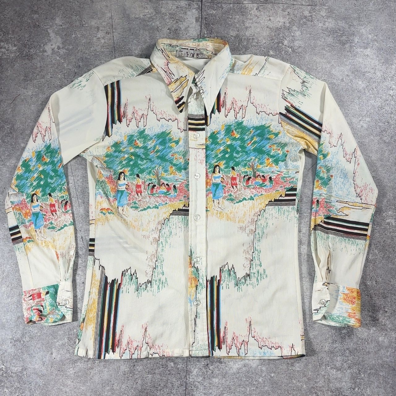70's The 13th Hour 総柄ポリシャツ ヴィンテージシャツ VINTAGE コレクターズアイテム 長袖シャツ トップス メンズ