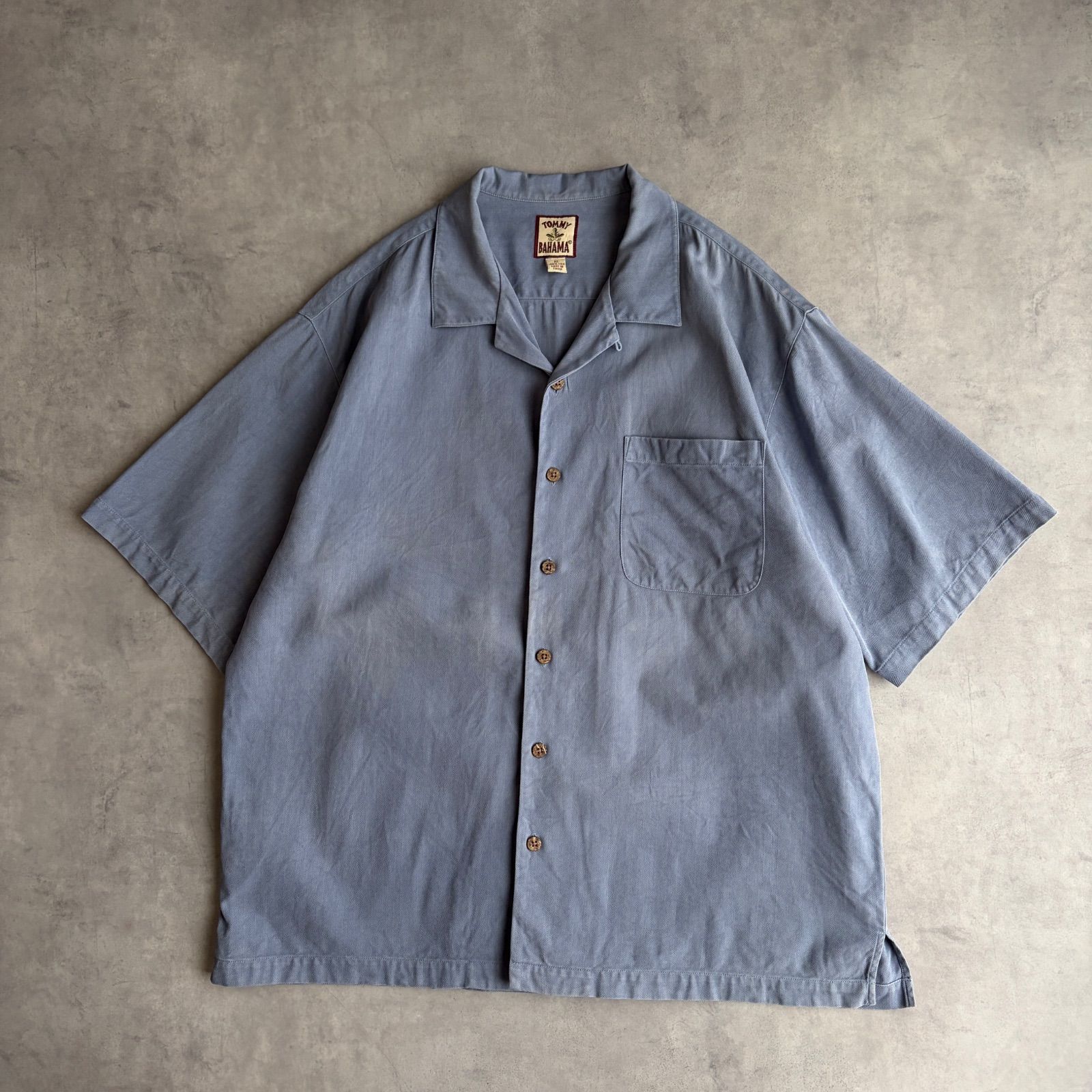 90s  Bahama 開襟シャツ ヘリンボーン シルク100% M 90s Tommy Bahama シルク100% 開襟シャツ ライトブルー 半袖