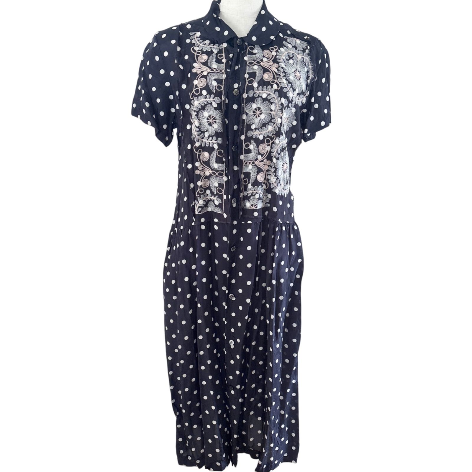 AD1999 robe de chambre COMME des GARCONS ヴィンテージ ロング シャツワンピース ネイビー ドット 刺繍