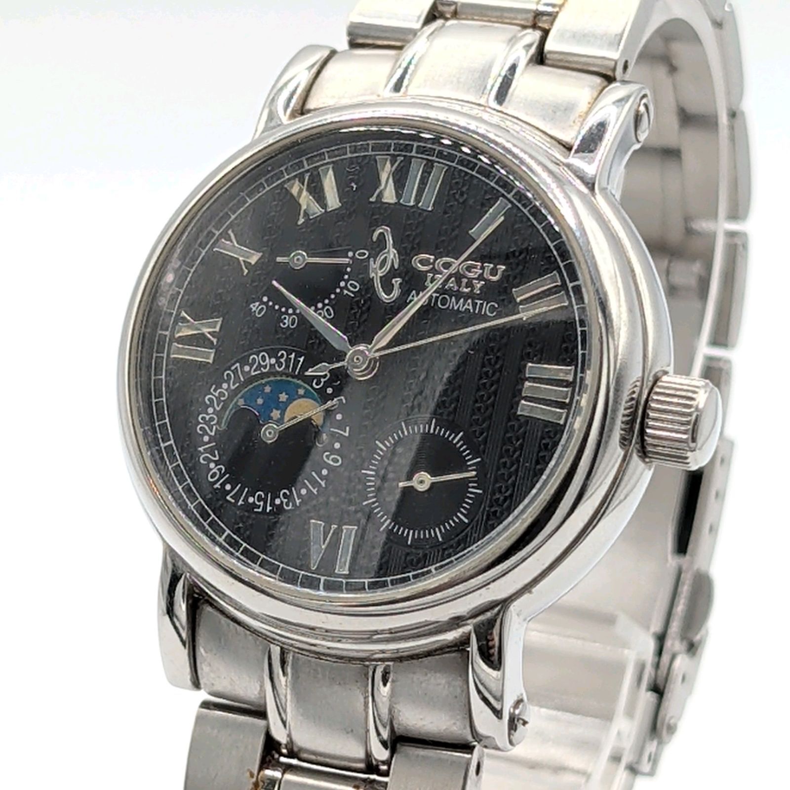 COGU Moon Face Watch Automatic Men's Round Black dial Exhibition back コグ ムーンフェイス 時計 自動巻き メンズ ラウンド シルバー 黒文字盤 裏スケルトン 稼働品