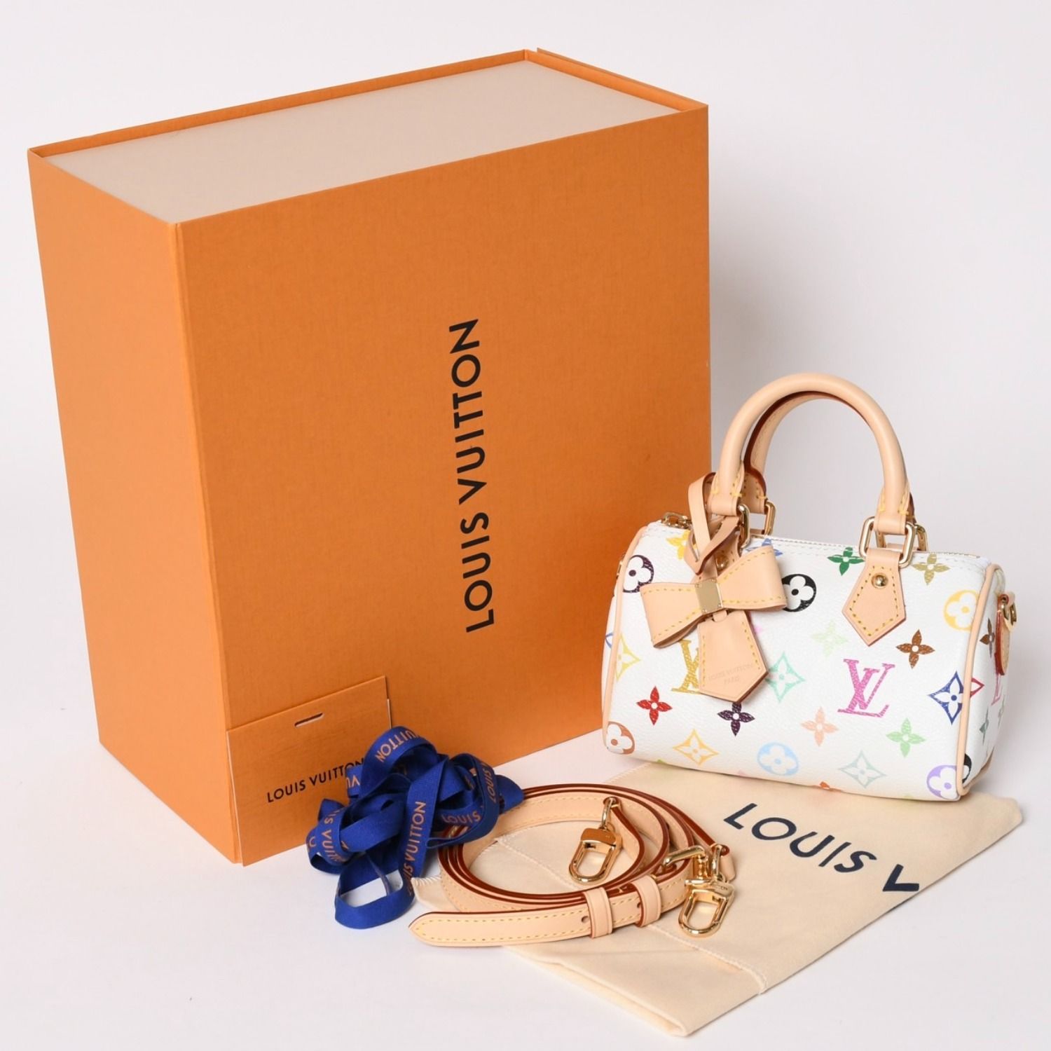 新品同様 LOUIS VUITTON ルイヴィトン ナノ スピーディ ハンドバッグ M13391 モノグラム マルチカラー ホワイト 村上隆 中古 4a002520