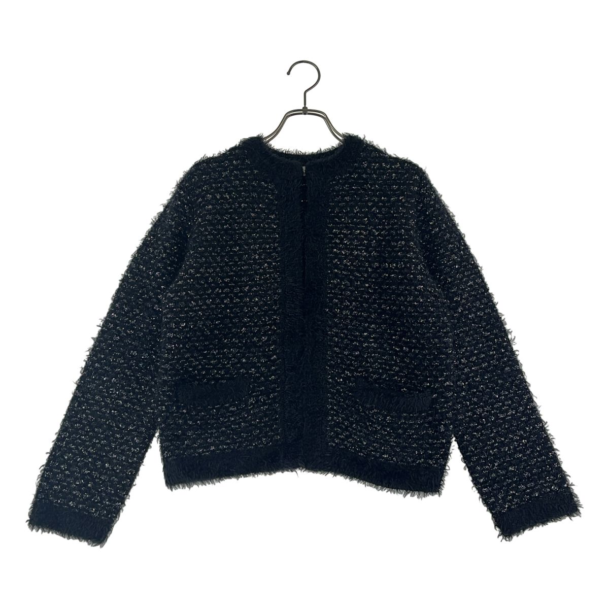 【美品】 Cruciani / クルチアーニ | ツイード フック式 ノーカラー ジャケット | 38 | ブラック | レディース