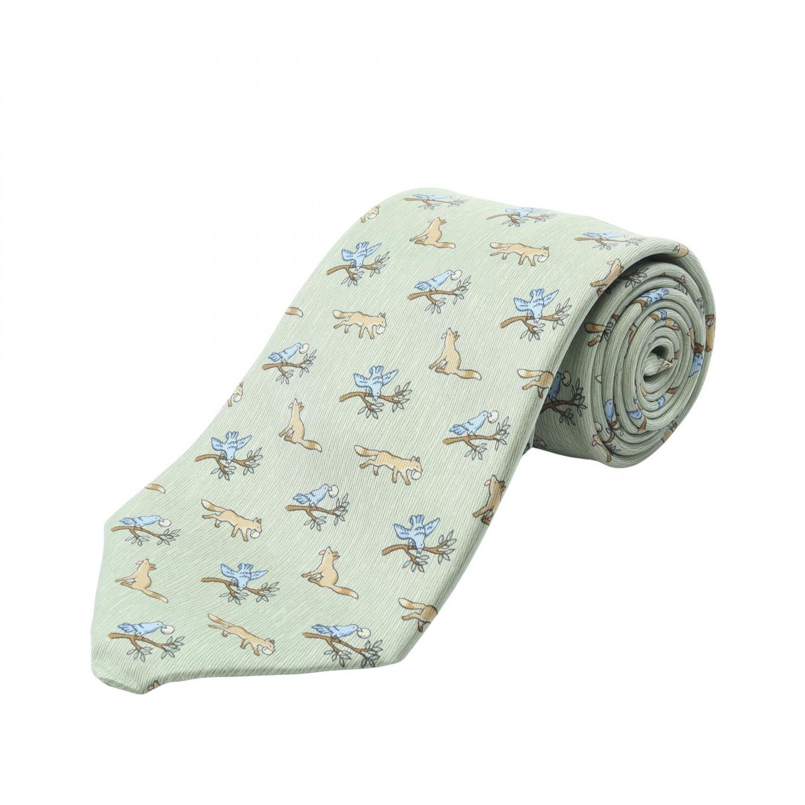 エルメス HERMES ネクタイ NECKTIE キツネ 鳥 アニマル シルク ネクタイ メンズ Used A