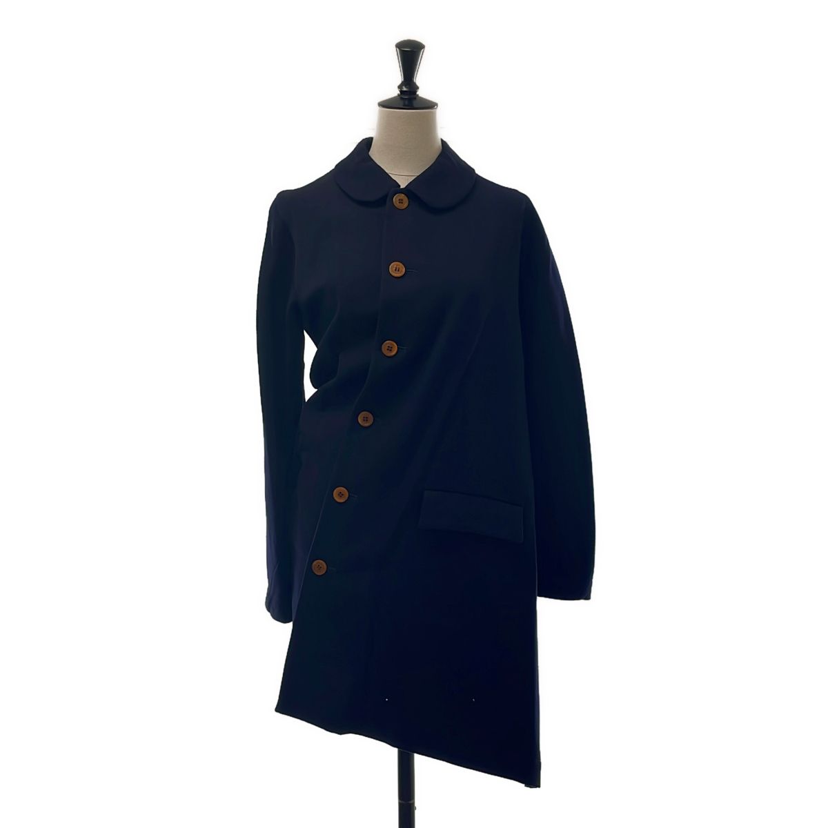 【美品】 COMME des GARCONS / コムデギャルソン | 2002AW | 変形 捻れ アシンメトリー 丸襟 シングル ロングジャケット | M | ネイビー | レディース