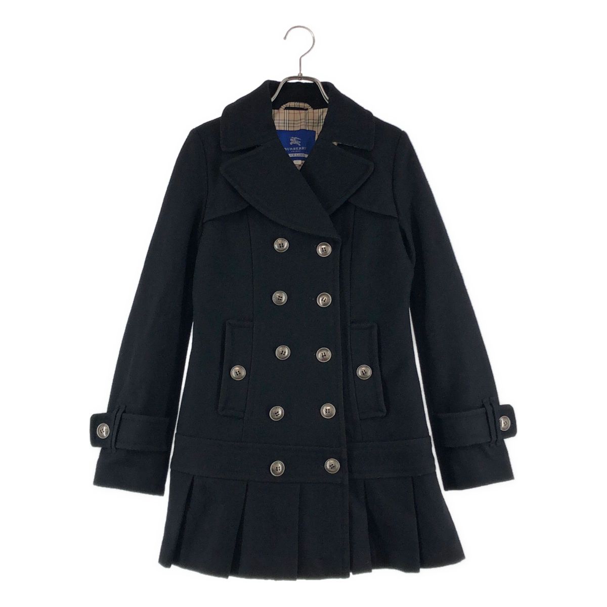 BURBERRY BLUE LABEL / バーバリーブルーレーベル | ウール ロゴメタルボタン ダブルブレスト コート / チェック総裏地 | 38 | ブラック | レディース