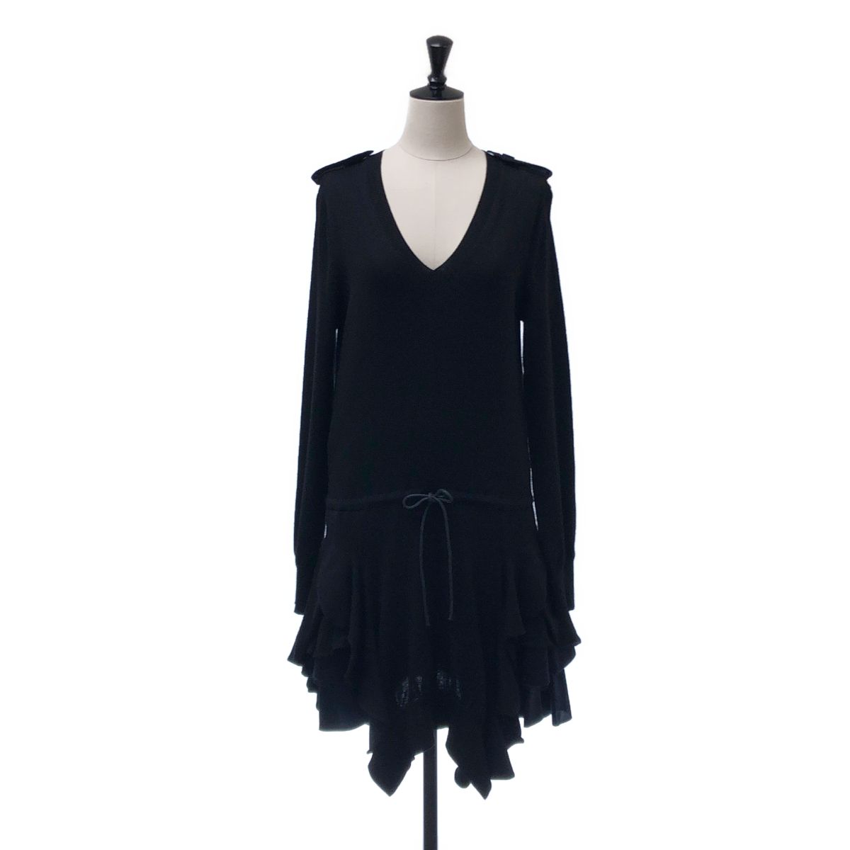 sacai / サカイ | ウール 異素材切り替え エポレット Vネック ニットワンピース | 2 | ブラック | レディース