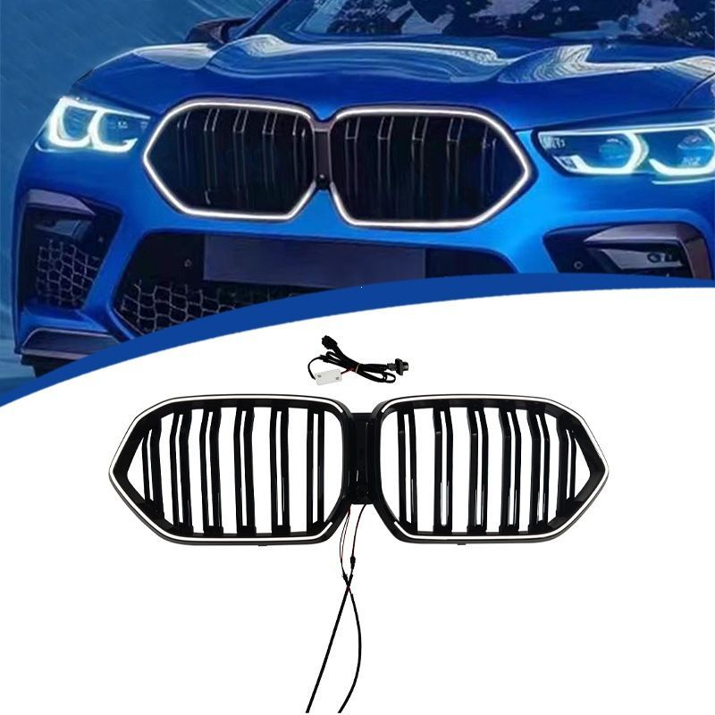 【送料無料】ビーエムダブリュー BMW X6 G06 2020-2022用 LED発光フロントグリル ダブルライン グロスブラック 取付用 外装パーツ フロント印象アップ 高級感 立体感 存在感 スポーティ 前面デザイン 発光演出 車用アクセサリー