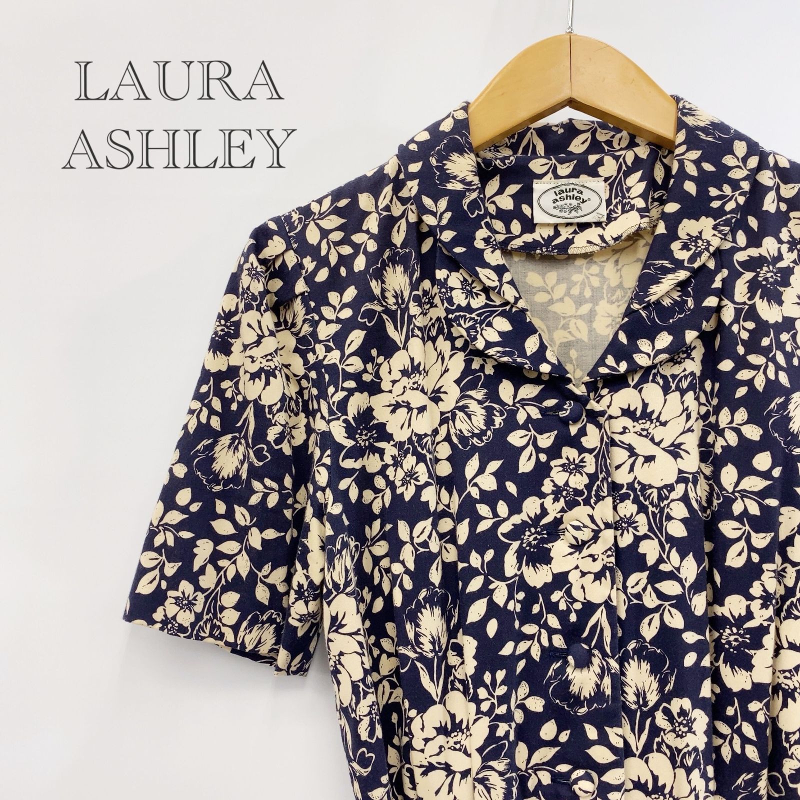 Laura Ashley 花柄 ワンピース 半袖 ロングワンピース 9 ネイビー Mサイズ相当 レディース ファッション _201021