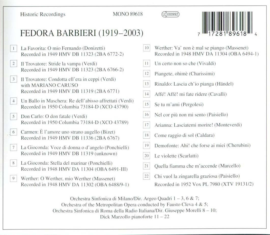 【CD】Legendary Voices: Fedora Barbieri