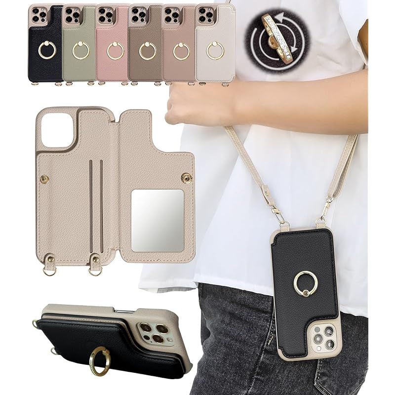 【新品】 shinyle for iphone 15対応 ケース ショルダー リング 付き ストラップ ラインストーン あいふおん15 カード 収納 いphone15 ショルダーケース 鏡付き スマホケース 肩掛け 斜めかけ アイフォン15 かわいい おしゃれ