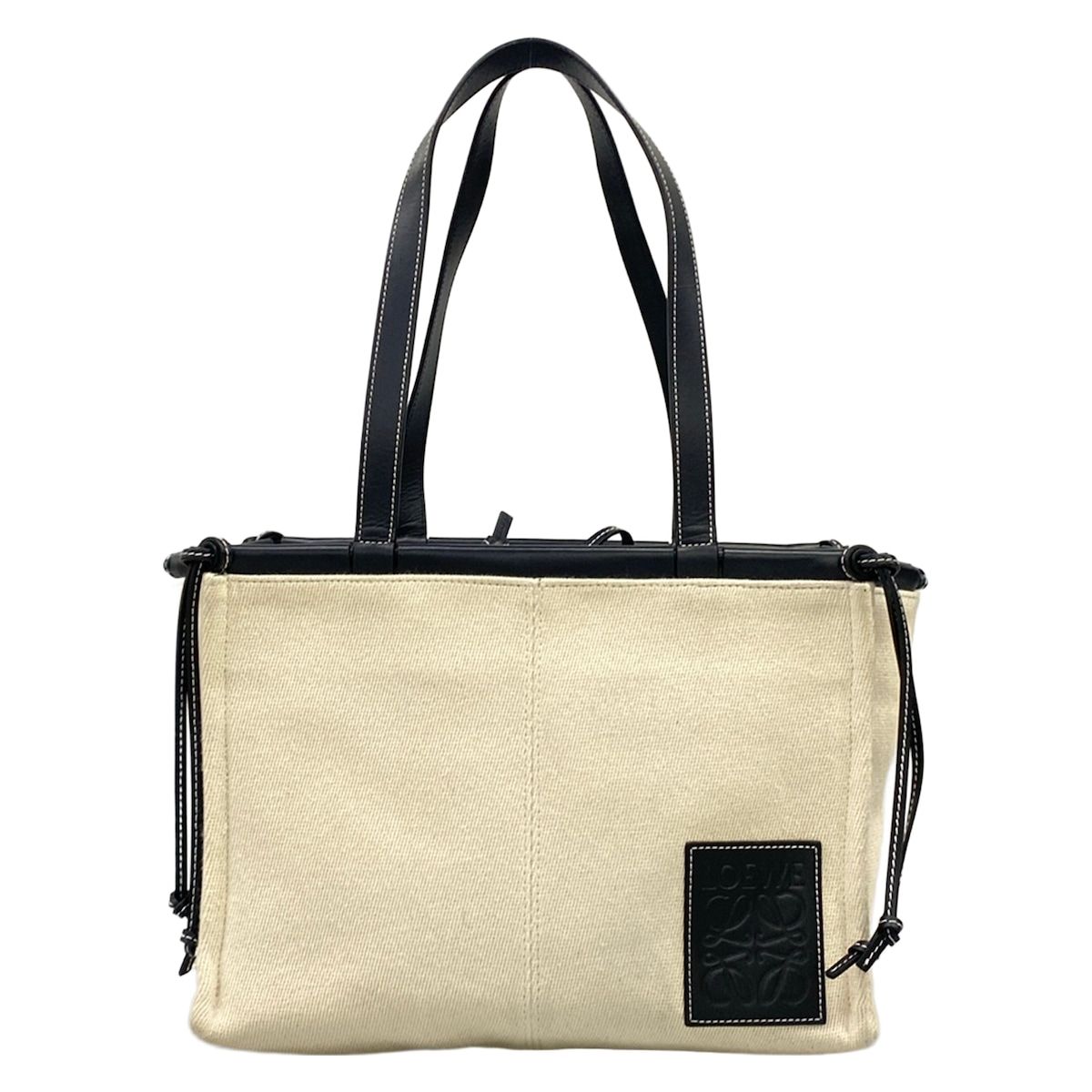 LOEWE(ロエベ) トートバッグ クッショントート アイボリー×黒 レザー 