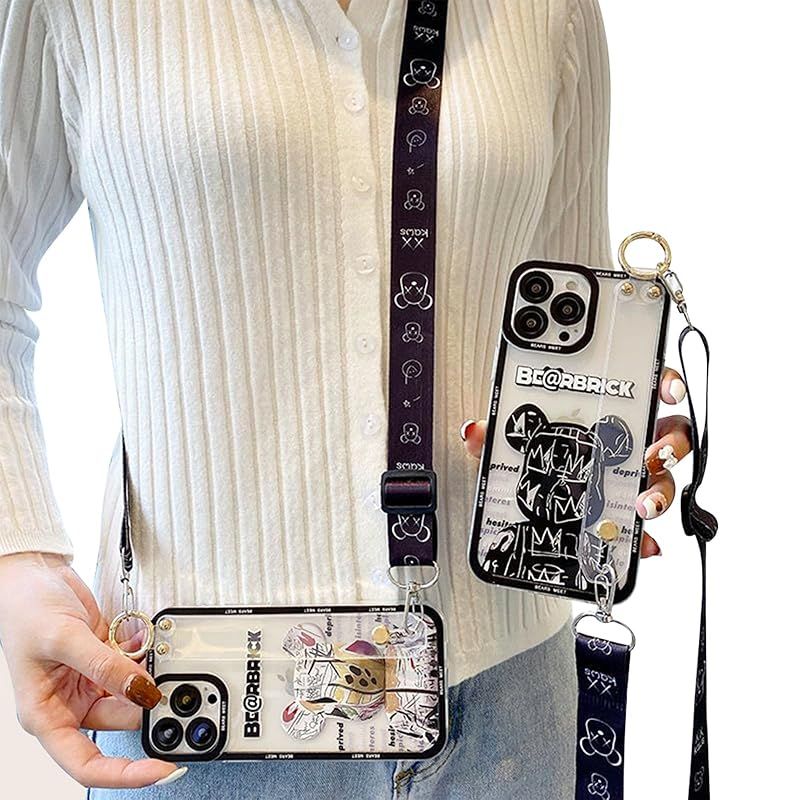 【新品】 Arpe 可愛い ベアブリック カウズ スマホケース iPhone 16 用 ケース 首かけストラップ リストレット キックスタンド 傷つきにくさを向上 アイフォン 16 用 ケース カラー（白）