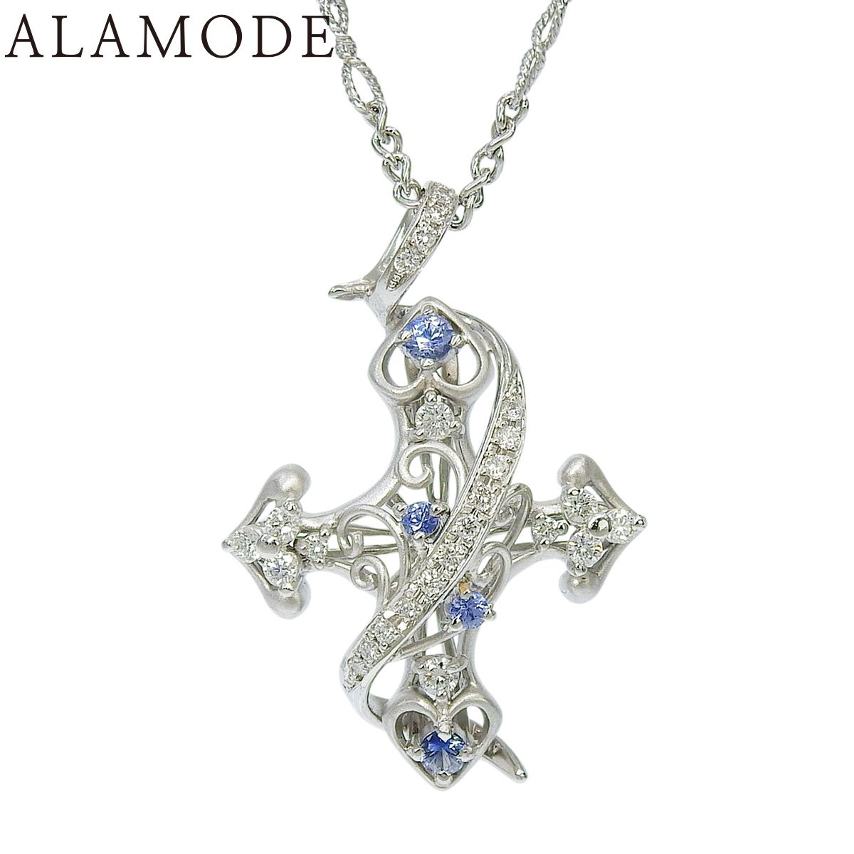 S0.27/D0.35 サファイア ダイヤモンド クロスネックレス ホワイトゴールド K18WG 10.4g ネックレス アクセサリー ジュエリー 十字架モチーフ シルバー銀 ライトブルー水色 レディース 40802177406【中古】【アラモード】