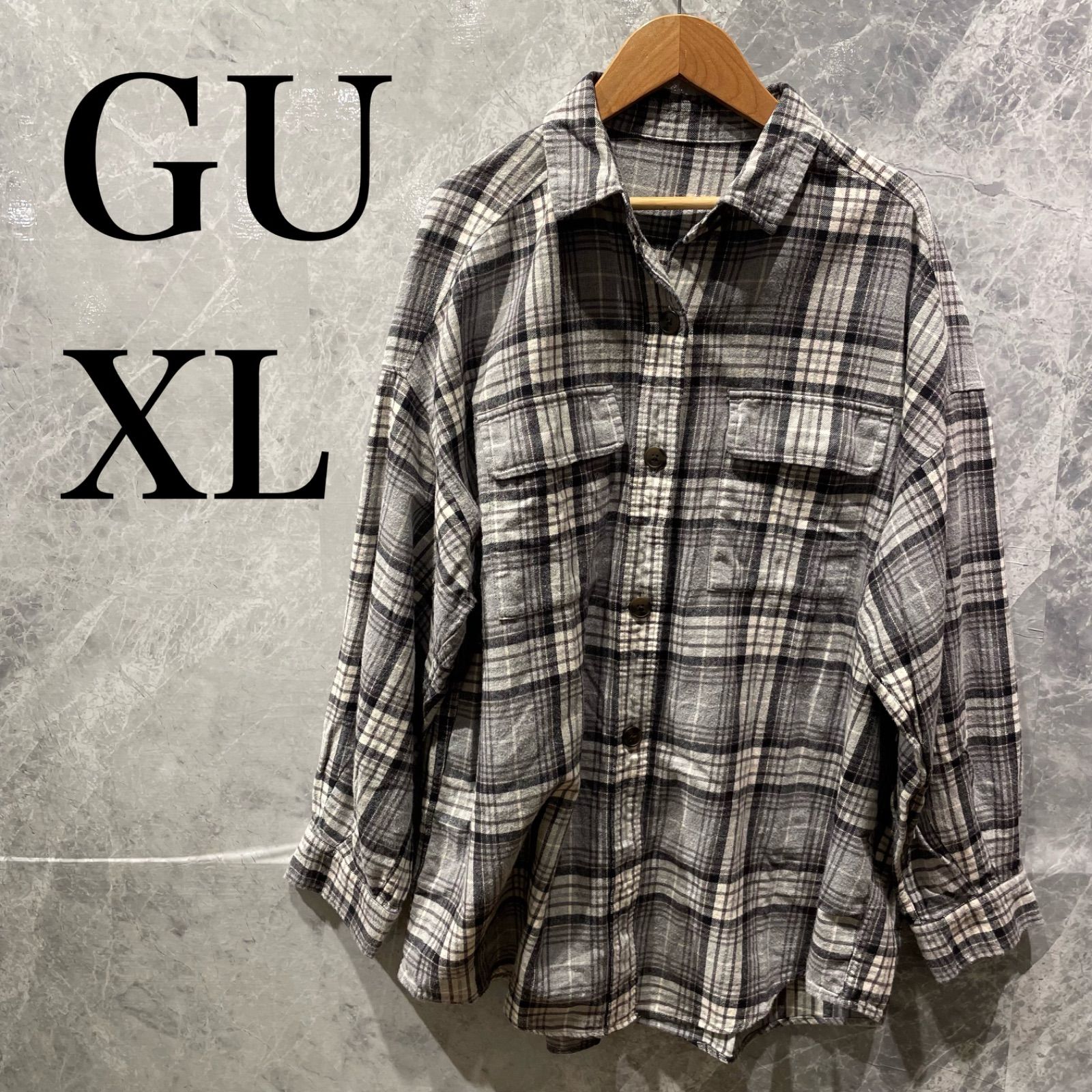 GU メンズ XL グレー チェック柄 長袖 オーバーサイズ シャツ