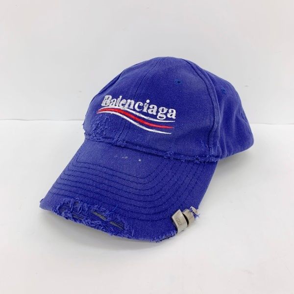 BALENCIAGA バレンシアガ キャンペーンロゴ ベースボールキャップ ピアス ダメージ加工 ロゴ刺繍 メンズ Lサイズ ブルー 帽子 DF19156■