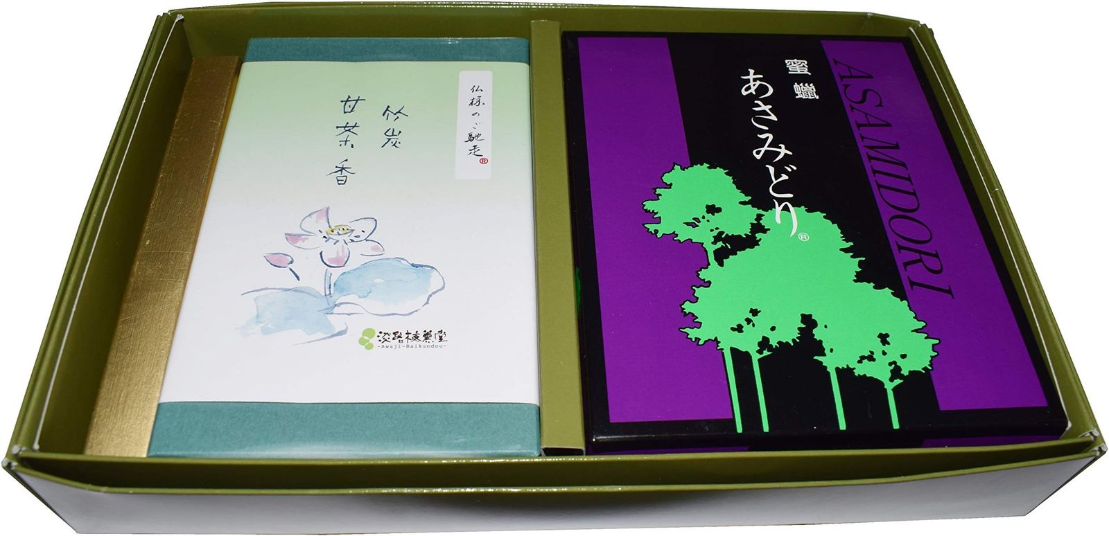 蜜蝋 あさみどり Assortment 喪中御見舞いギフト お供え物 蝋燭セット 贈答用 進物用 ギフト (竹炭甘茶香×１ あさみどり金印×１)