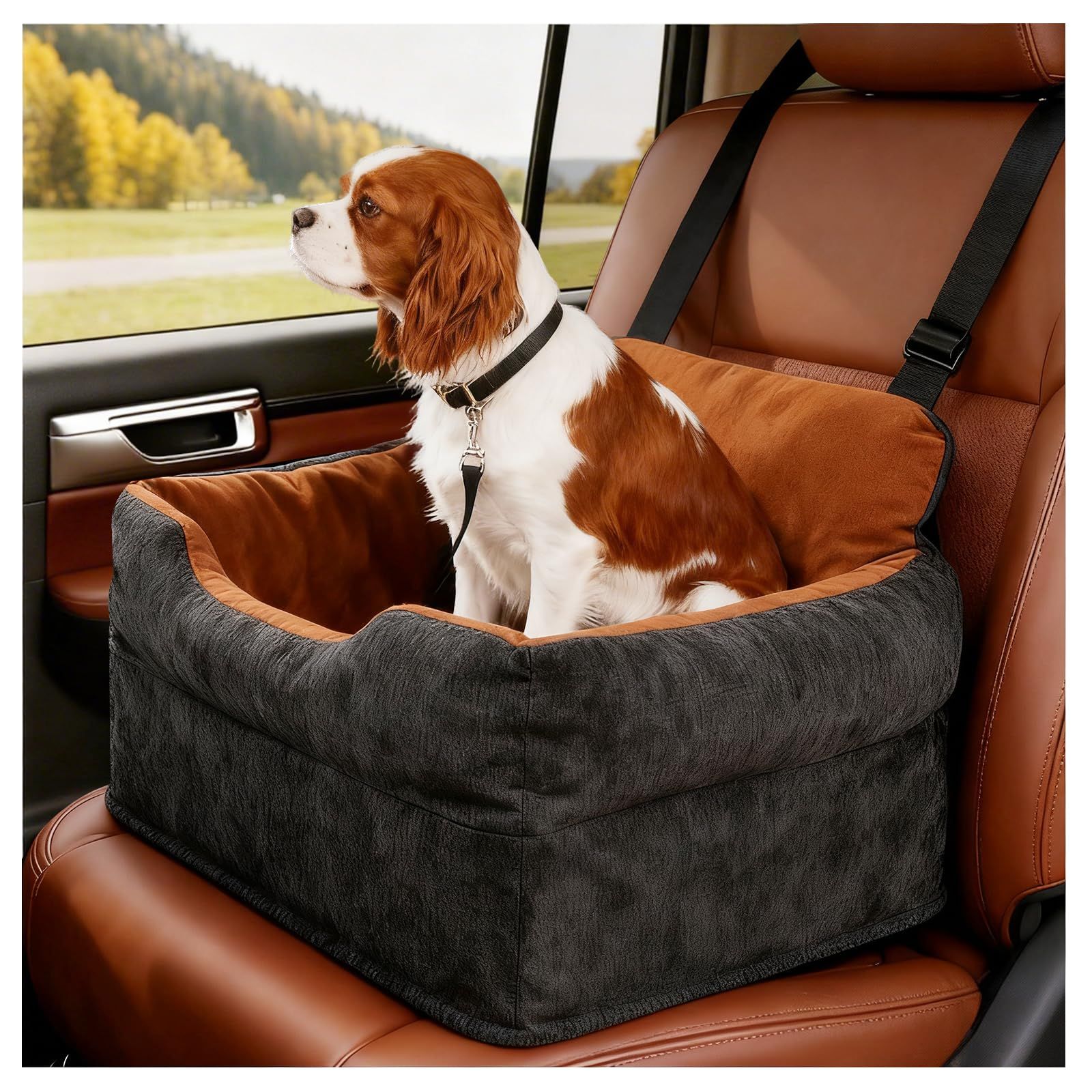 Avont 犬用 ドライブベッド ペットドライブボックス 車 助手席 後部座席 小型犬 猫用 飛び出し防止 厚め 取り外し可能カバー 洗濯機対応 お手入れ簡単 中小型犬 お出かけ 旅行 -ブラックas
