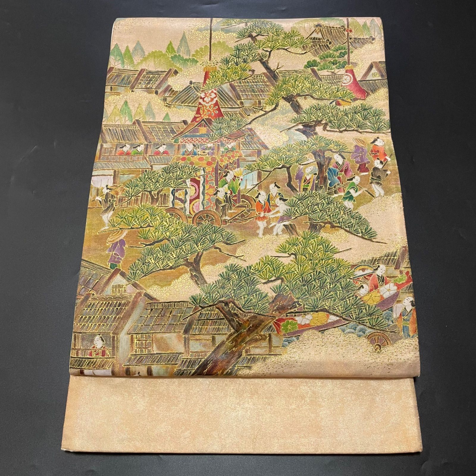 #J850 袋帯 六通 作家物 落款あり 金彩友禅 手描き 京風景 祇園祭り 正絹 和装 和服 フォーマル帯