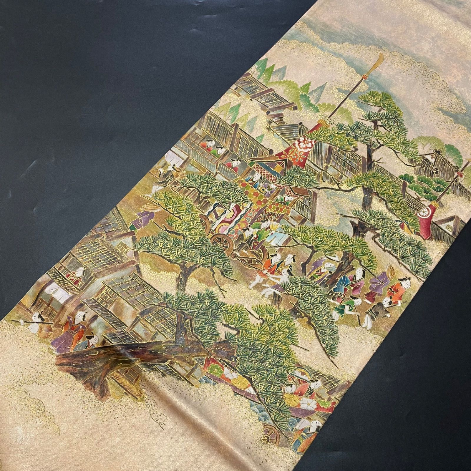 #J850 袋帯 六通 作家物 落款あり 金彩友禅 手描き 京風景 祇園祭り 正絹 和装 和服 フォーマル帯