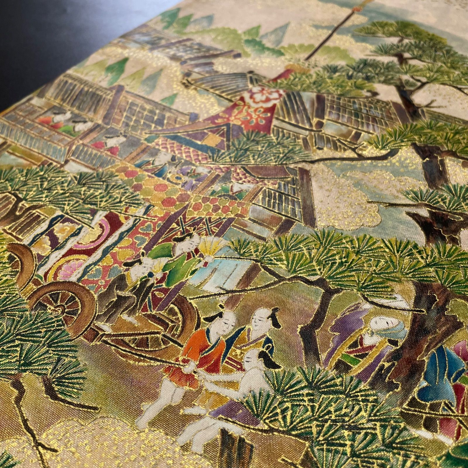 #J850 袋帯 六通 作家物 落款あり 金彩友禅 手描き 京風景 祇園祭り 正絹 和装 和服 フォーマル帯
