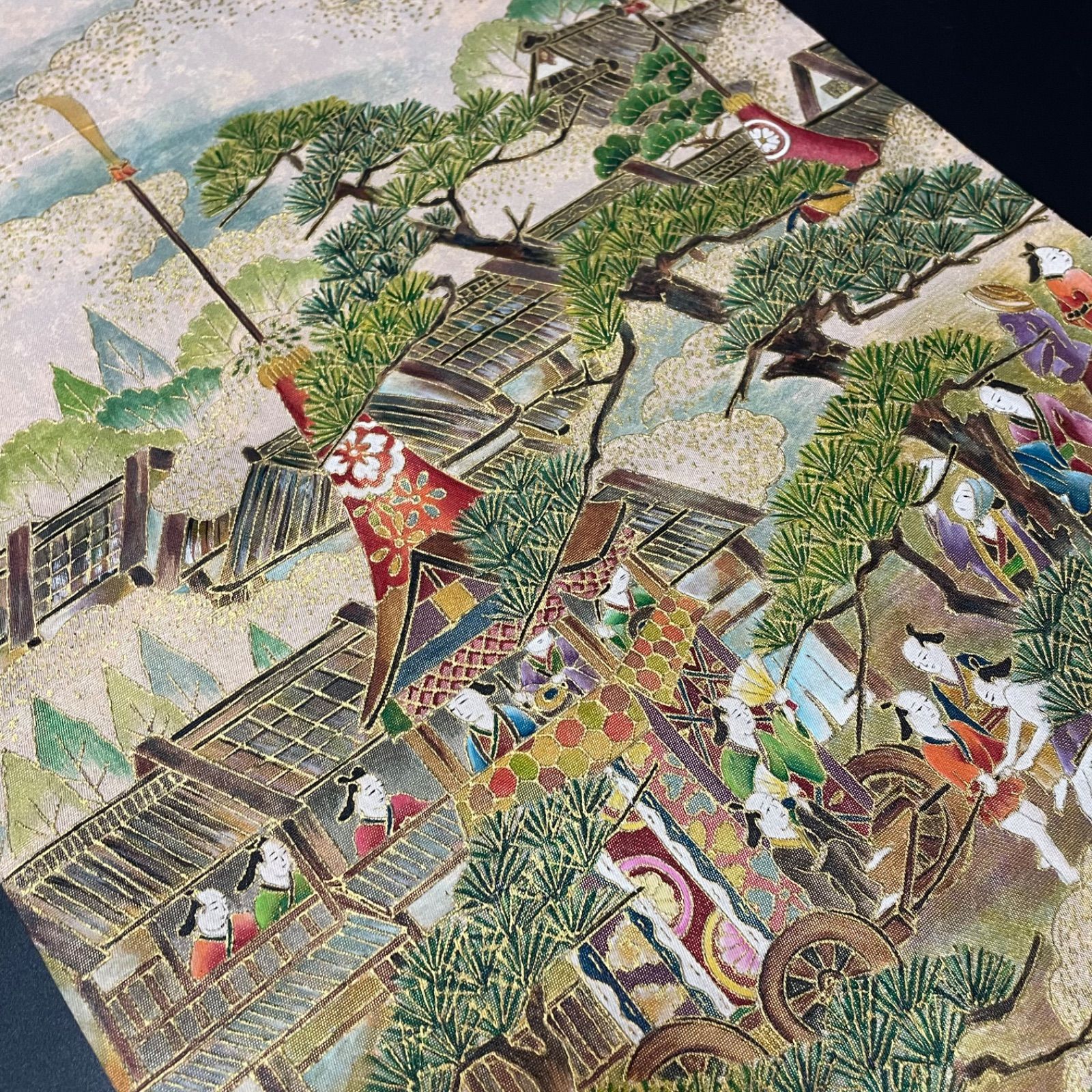 #J850 袋帯 六通 作家物 落款あり 金彩友禅 手描き 京風景 祇園祭り 正絹 和装 和服 フォーマル帯