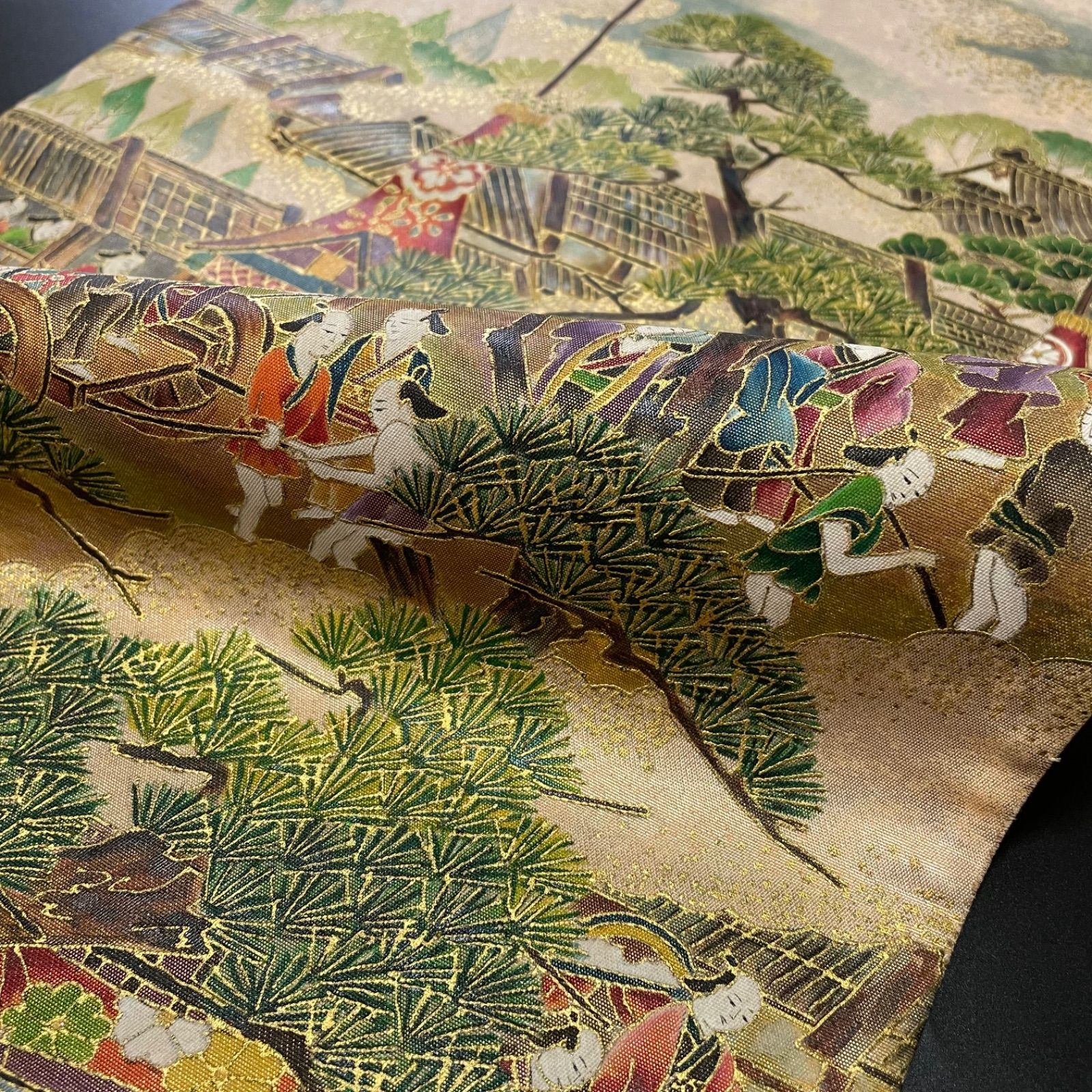 #J850 袋帯 六通 作家物 落款あり 金彩友禅 手描き 京風景 祇園祭り 正絹 和装 和服 フォーマル帯