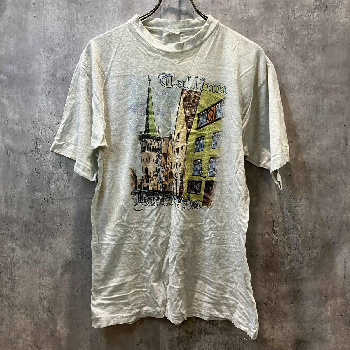 90s TEXAS BULL TALLIN ESTONIA PRINT TEE GRAY sizeM タリン エストニア プリントTEE テキサス ブル