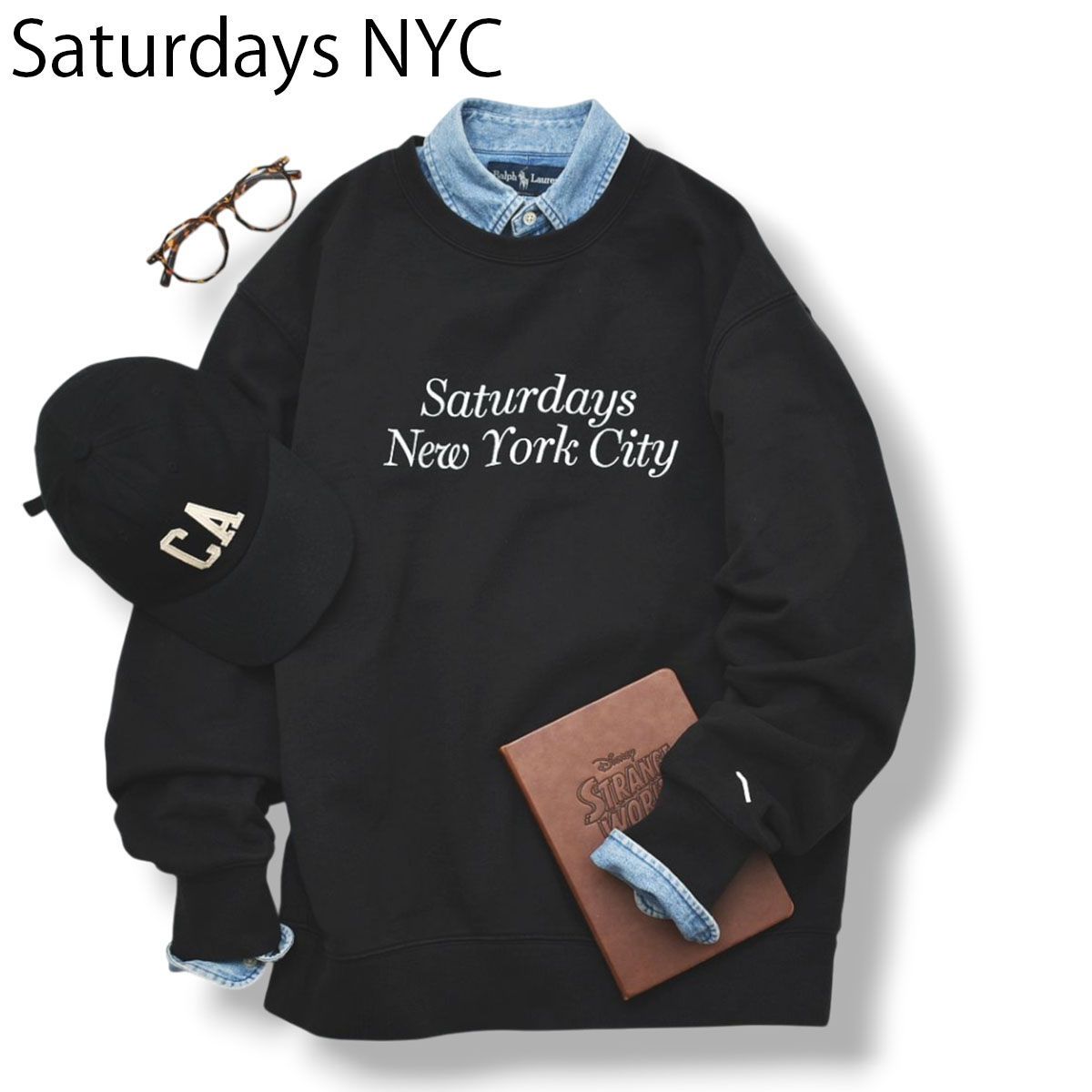 【美品】 サタデーズ ニューヨークシティ Saturdays NYC ロゴ 刺繍 スウェット トレーナー クルーネック 裏地 パイル M ブラック シティールック ストリート カジュアル メンズ